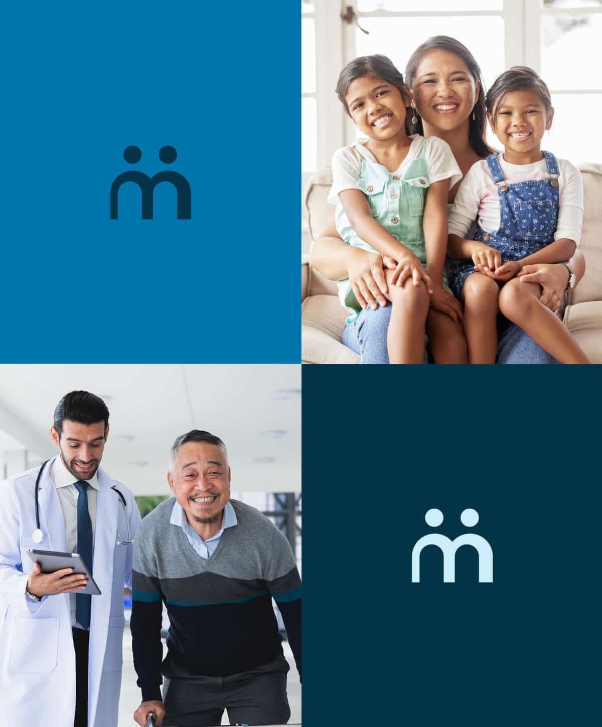 Collage representing accessible health insurance: A smiling Hispanic mother with two daughters at home, a cheerful senior man receiving care from a male doctor, and the Mercado de Seguros de Salud logo — emphasizing family wellness and affordable healthcare coverage for all ages.